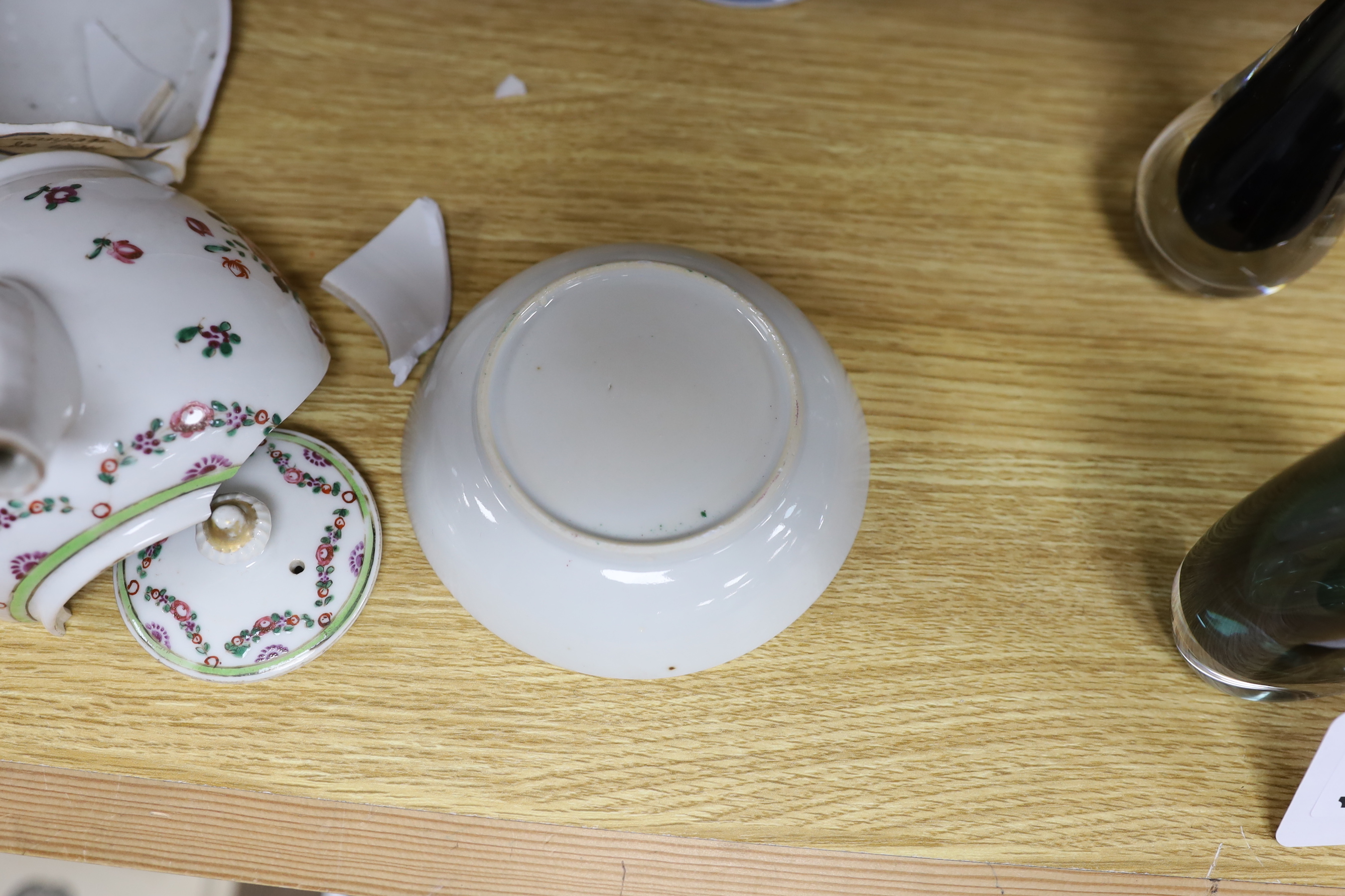 Two Chinese famille rose vessels, a dish and a teapot, tallest brush pot 14cm high (a.f.)